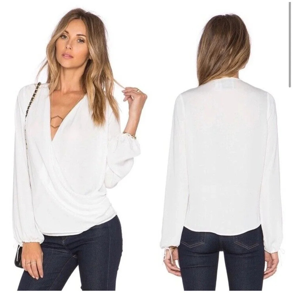 L'Academie White Long-Sleeve Surplice Blouse